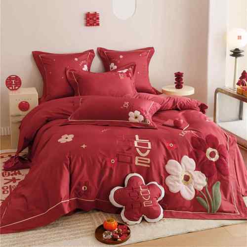 现代风婚庆大红刺绣寝具床品高端纯棉长绒棉四件套家纺花好月圆