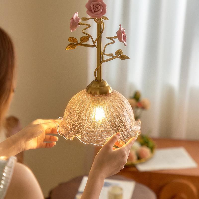 中古玫瑰花床头小吊灯法式复古黄铜水波纹走廊玄关吊线灯casagd