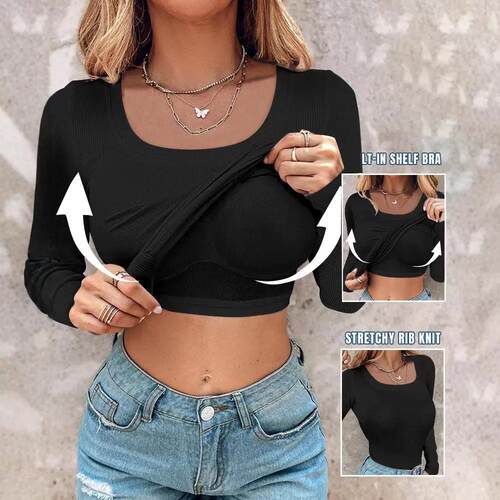 Women Built-In Self Bra Notch Neck Long Sleeve Shirts Tops
