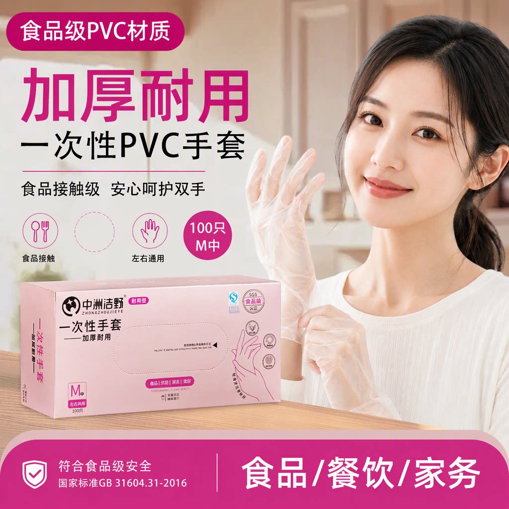 中洲洁野一次性手套食品级PVC加厚透明厨房洗碗家务烘焙揉面100只