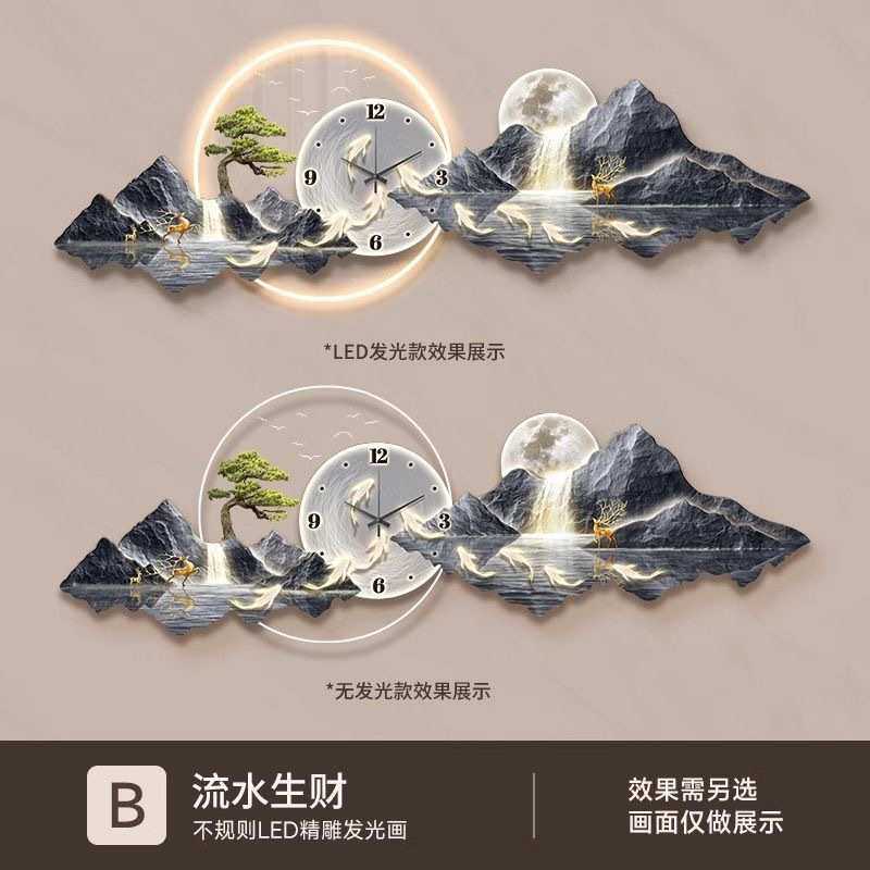 奢钟表现代轻墙沙发背景简约挂壁灯装饰画画金山挂画客厅墙日照带