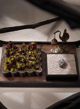 轻奢复古木纹托盘样板间展厅客厅茶几陈列装饰品摆设高档感布置