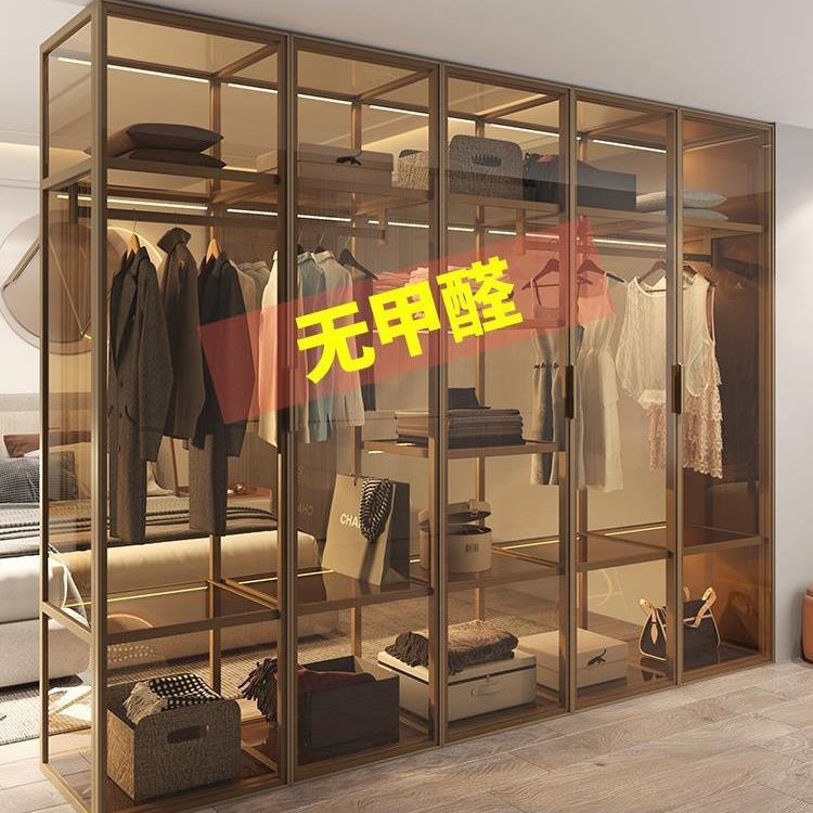 钢化玻璃衣柜铝合金开放式推拉门衣帽间轻奢简约平门衣橱柜子包邮