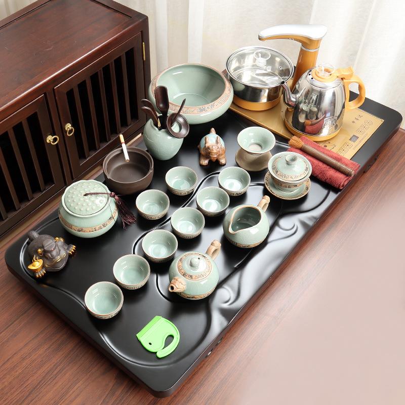 整块黑檀木茶盘陶瓷紫砂茶具套装办公家用全自动四合一电器上水