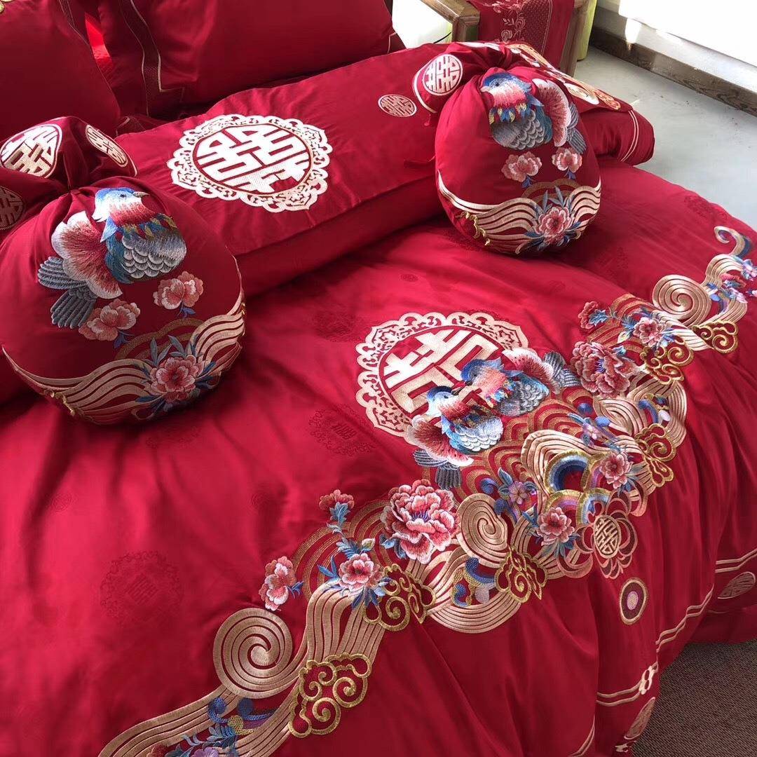 中式婚庆大红色全棉刺绣花床上用品鸳鸯喜被结婚四件套纯棉多件套