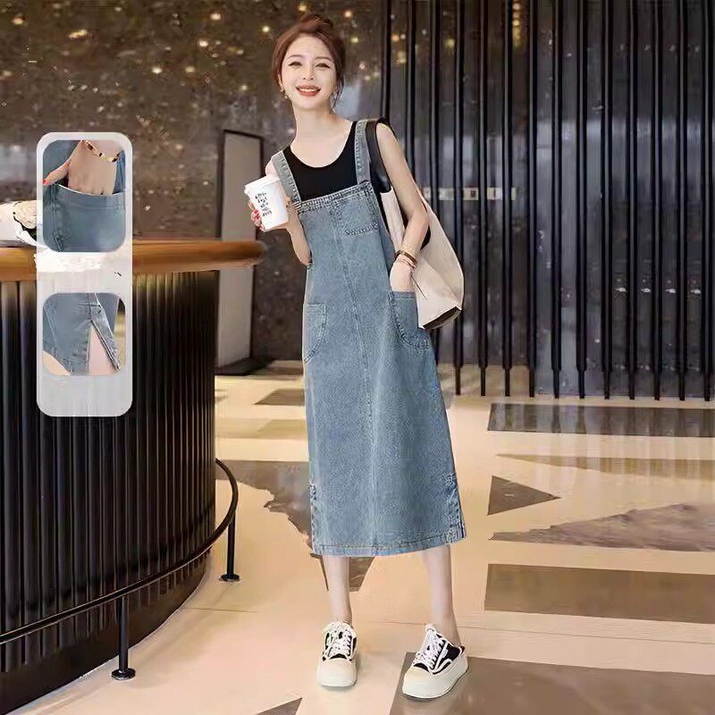 牛仔背带裙女春秋薄款2025新款宽松显瘦中长款小个子吊带连衣裙子