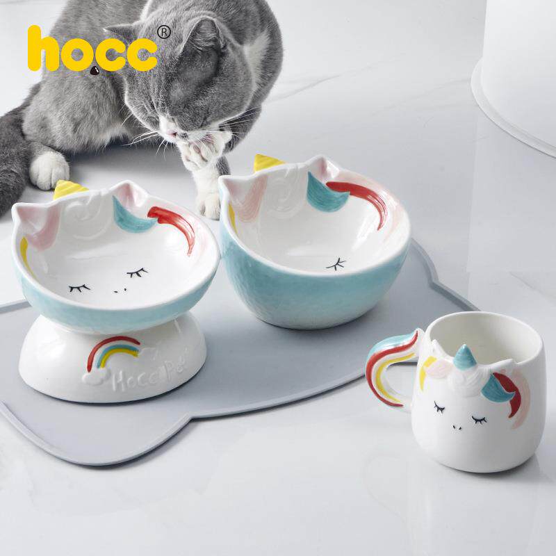 hocc猫碗 陶瓷高脚碗宠物碗斜口宠物陶瓷碗猫食盆扁脸猫碗水碗