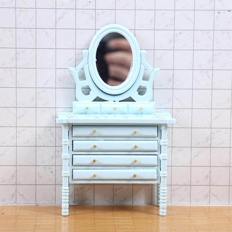 迷你家具1:12娃娃屋dollhouse 袖珍梳妆台带镜抽屉桌子木质工艺品