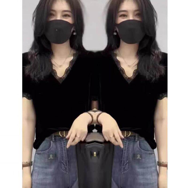 高级感丝绒拼接蕾丝T恤上衣女春秋新款欧货修身显瘦V领蕾丝边小衫