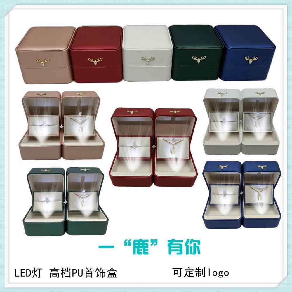 跨境货源LED带灯戒指首饰盒 PU皮创意七夕情人节结婚礼品盒吊坠盒