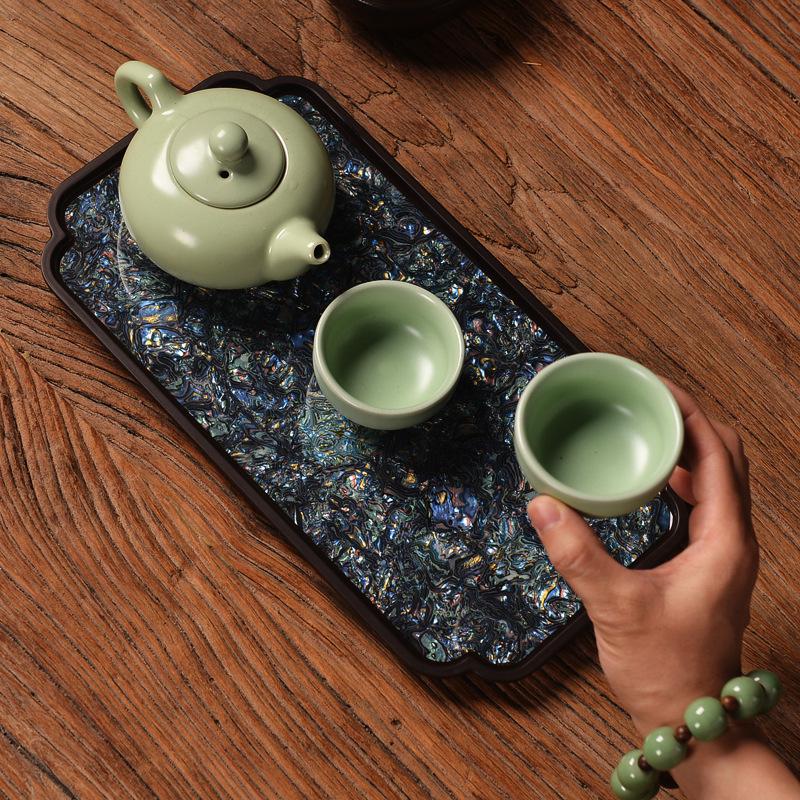 大漆电木螺钿长方形托盘家用干泡茶盘珐琅彩隔热垫漆器轻奢茶台