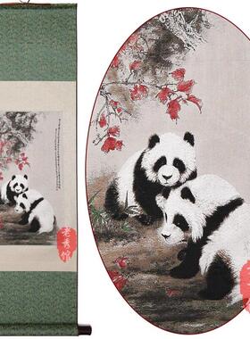 老秀馆蜀锦友谊卷轴丝绸挂画熊猫装饰壁画中国特色出国送老外礼物