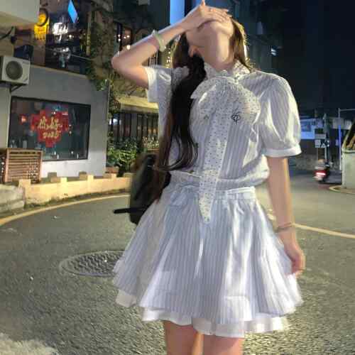 韩系冷淡系条纹法式洋装女夏小个子高级感收腰显瘦a字衬衫裙子