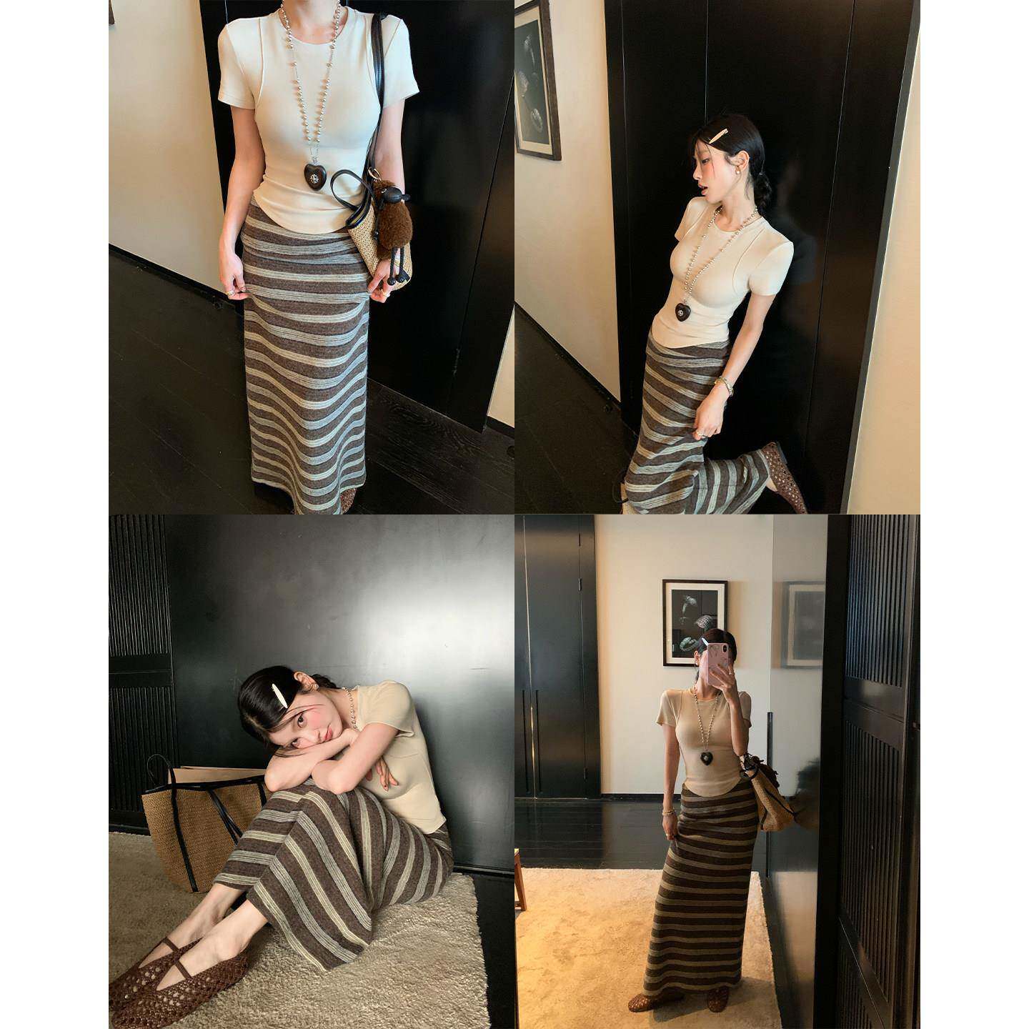 HAMYIHO 氛围感撞色条纹半身长裙女2026新款包臀裙夏季小个子裙子