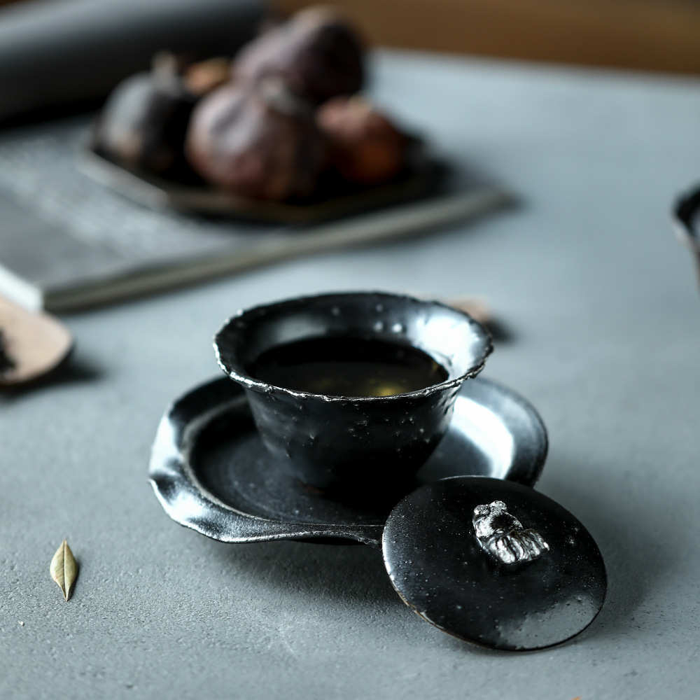 中式柴烧盖碗复古侘寂风无釉裸烧泡鎏银茶碗柴窑自然落灰粗陶茶具