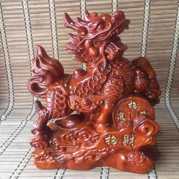花梨木雕麒麟摆件一对家居玄关客厅办公桌面装饰品开业送礼工艺品