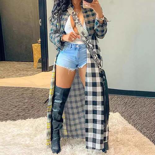 Women's Colorblock Plaid Print Button Front Longline Shirt