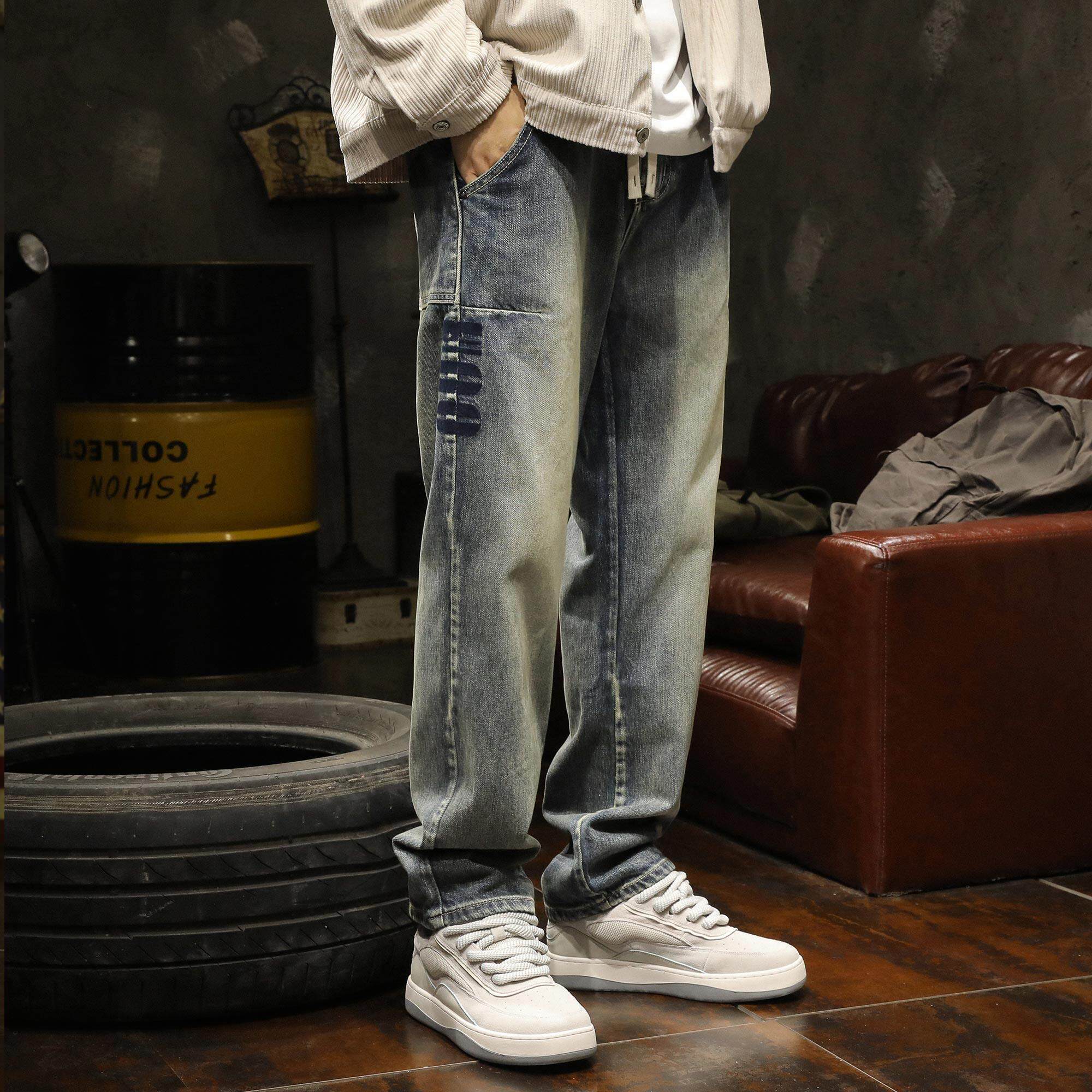 牛仔裤男春秋冬季美式高街潮牌覆古水洗宽松大码直筒阔腿休闲长裤