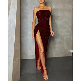 珠片性感开叉抹胸一字肩连衣裙 亚马逊独立站气质欧美晚礼服