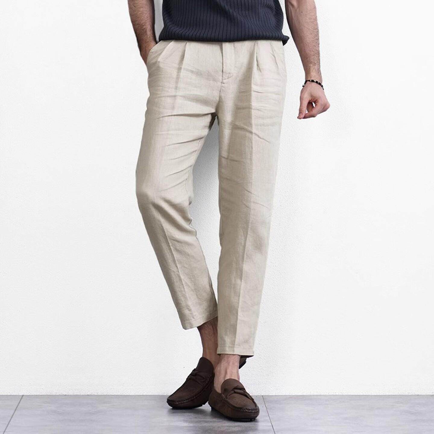 JACK FRONT轻商务老钱风亚麻西裤男士夏季纯色休闲 九分直筒裤子