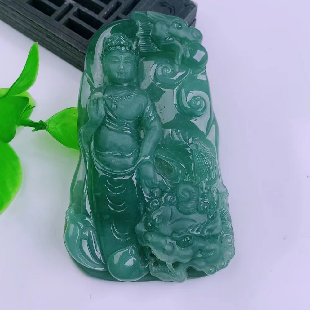 天然真品翡翠正品 冰水润细腻冰蓝水满色精雕御龙观音吊坠60.52g