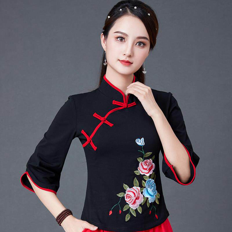 新款广场舞服装女新款民族风跳舞衣服纯棉立领绣花舞蹈服装显瘦演