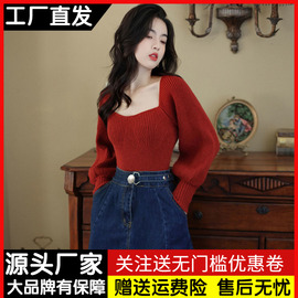 法式复古红色方领毛衣女，秋冬季修身显瘦灯笼，袖长袖针织衫短款上衣