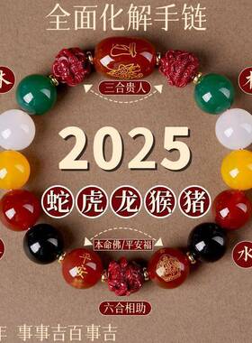 2025蛇年本命年泰岁手錬女款天然玛瑙五行手串朱砂三合六合手錬男