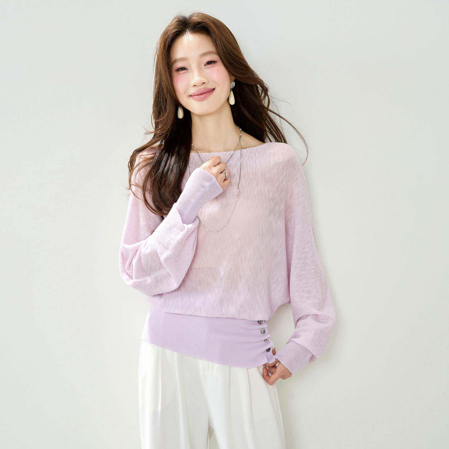 温柔风蝙蝠袖一字领长袖T恤女春夏季休闲薄款收腰设计针织衫上衣