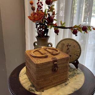 藤编桌收工RKV编织手提收纳箱纳藤茶具箱手手提皮扣收面纳盒