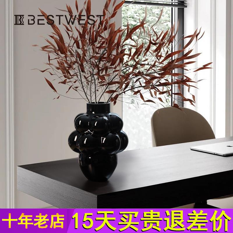 黑色花瓶摆件法式玻璃轻奢高级感插花水培覆古鲜花高颜值餐桌艺术