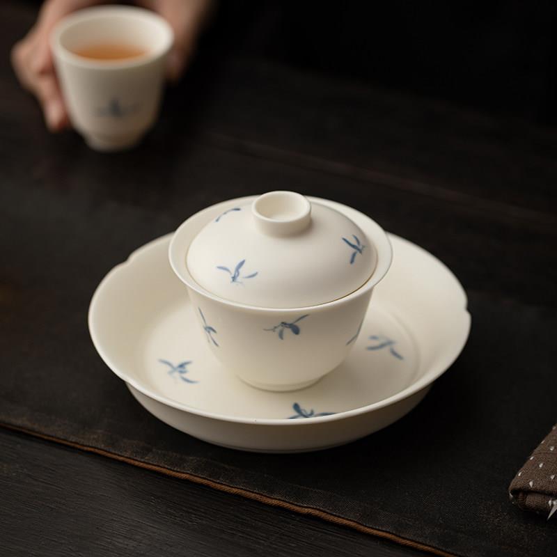 釉中彩手绘兰花羊脂玉三才盖碗茶杯白瓷家用陶瓷茶具泡茶高档茶碗