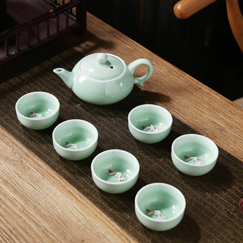 厂家直销青瓷鱼杯功夫陶瓷茶具套装开业公司会议礼品印制陶瓷logo