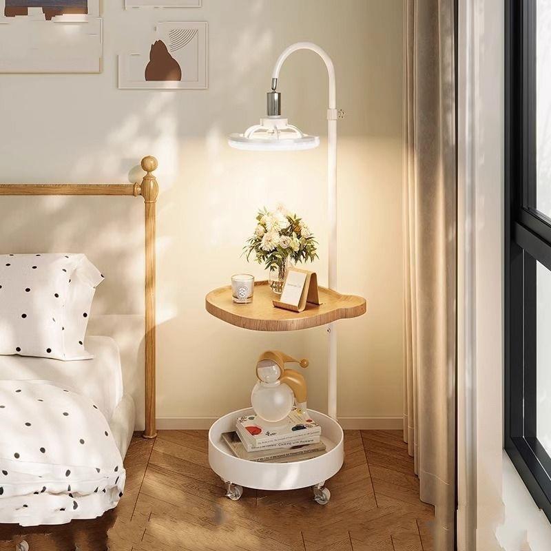 小型带灯床头柜一体床头置物架落地台灯创意卧室收纳可移动小边几
