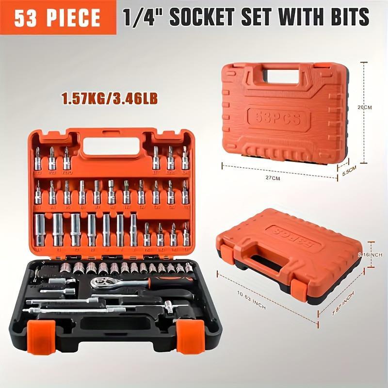 53件组套工具 1/41/4吋套筒扳手接杆 棘轮快速扳手套筒 汽修机修