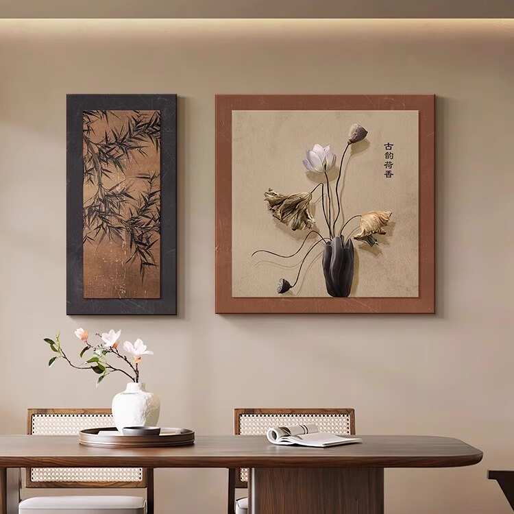 复古餐厅装饰画中古风饭厅背景墙挂画新中式荷花禅意茶室新款壁画图片