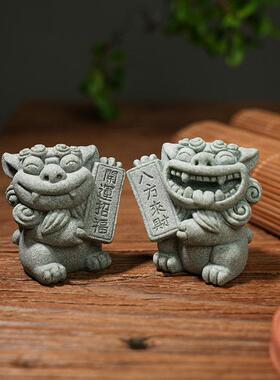 桌面摆件石狮子招财办公室微景观鱼缸造景醒狮茶宠创意家居装饰品