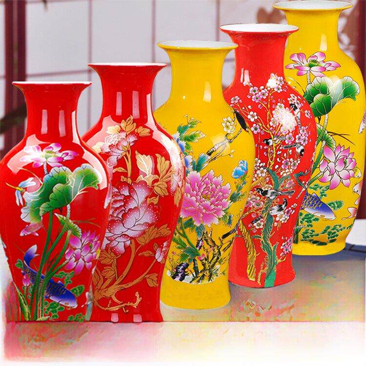 景德镇陶瓷中国红花瓶年年不止鱼尾花瓶现代时尚家装新家居饰品