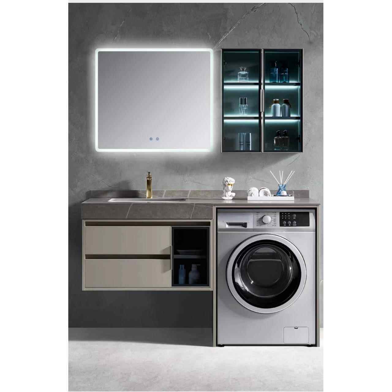 现代简约岩板台面洗衣柜灰色实木挂墙式平面浴室柜组合智能镜
