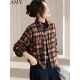 2025秋装 短外套格子翻领小众文艺上衣女装 新款 宽松遮肚子磨毛衬衫