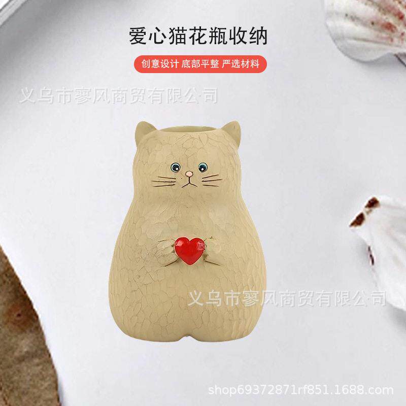 创意爱心小猫笔筒收纳 新款萌宠精美彩色桌面小礼品摆件饰品