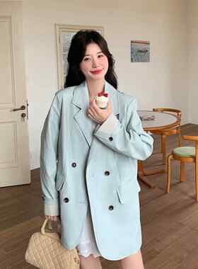 蓝色宽松休闲皮衣外女套款春季新设计感ZZB2896简款约显瘦中长上