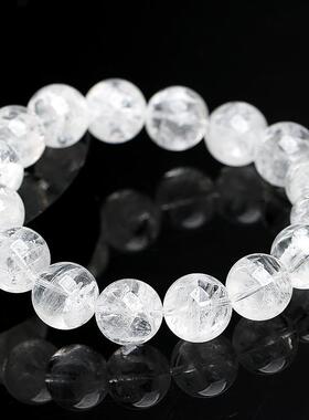 2026名都水晶 天然暴风雪白雪花幽灵手链 白色雪花圆珠手串 厂家