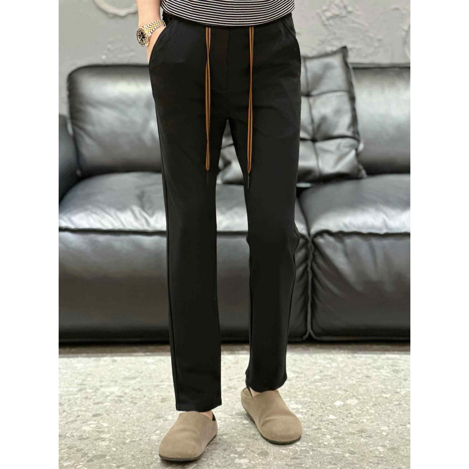 香港轻奢直筒休闲裤男士秋冬季新品简约百搭厚款时尚弹力系绳卫裤