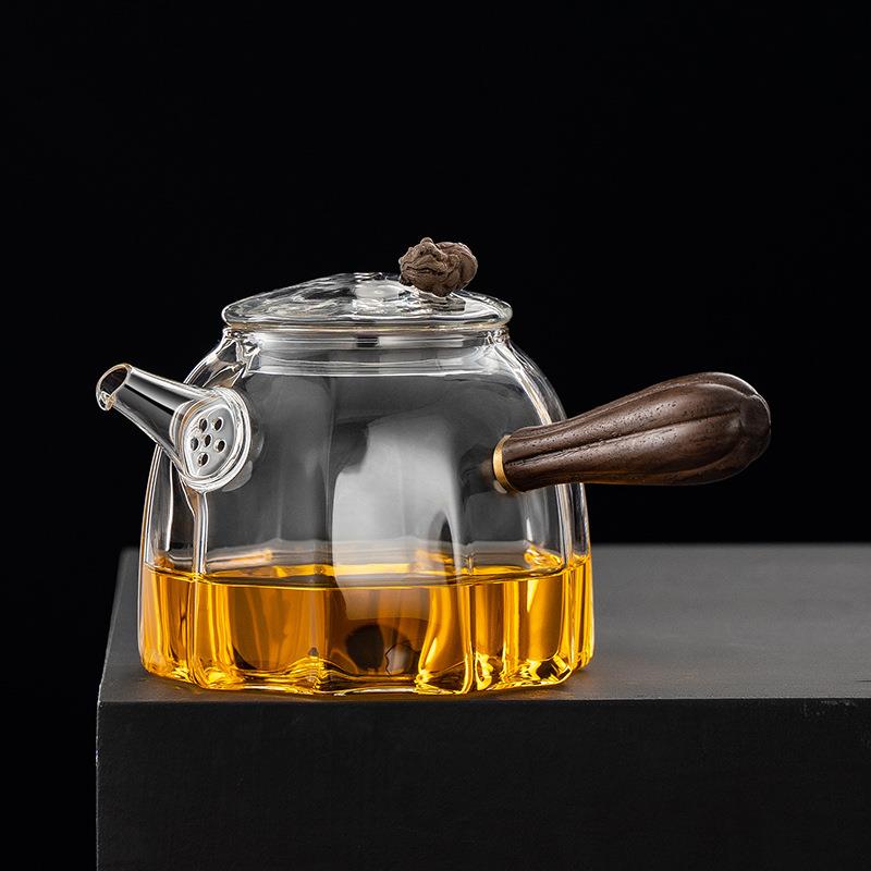 玻璃泡茶壶透明壶嘴过滤茶漏茶壶耐热办公室花茶壶 貔貅侧茶壶把