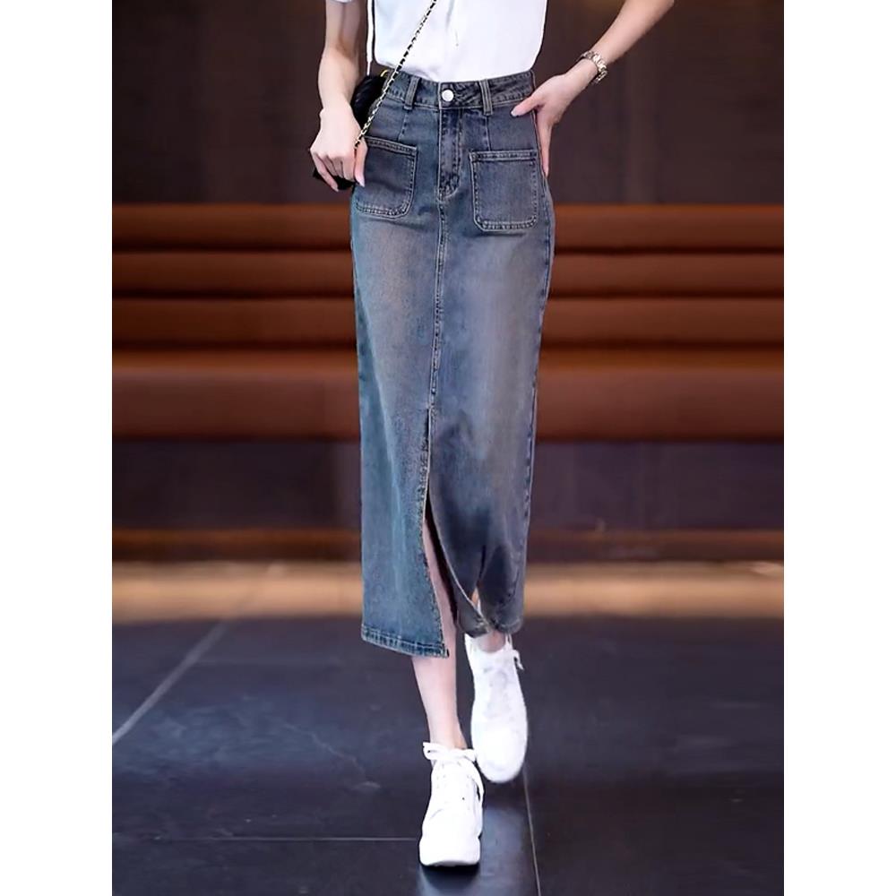 覆古高腰牛仔裙女性2025年夏季新宽松和容易匹配的中长度a线开衩