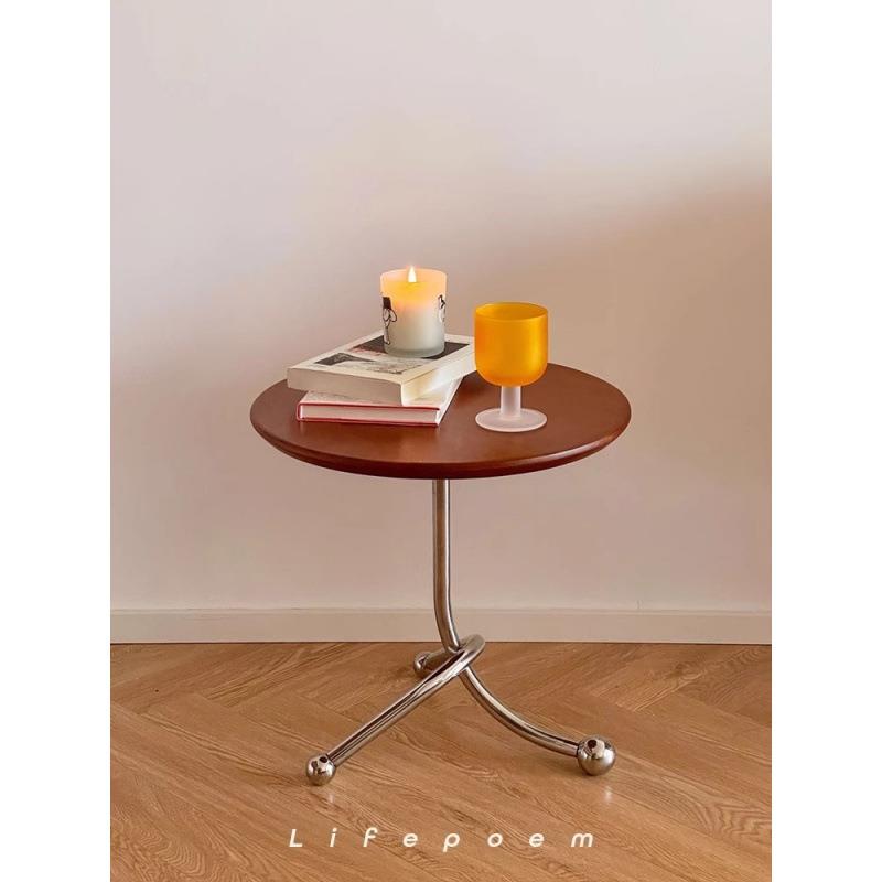 复古实木圆形茶几樱桃木迷你简约小户型不锈钢床头桌边几电商