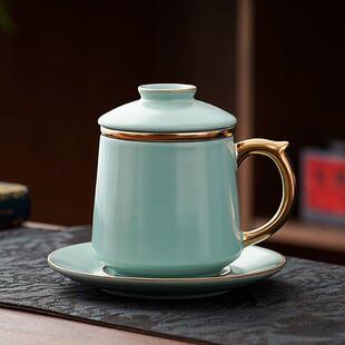 月白天青汝窑办公杯个人专用泡茶杯带盖过滤茶水分离杯子送礼佳品