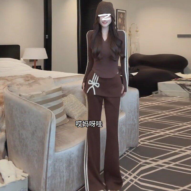 欧洲站休闲运动套装女2026新春秋纯欲V领上衣假两件喇叭裤两件套