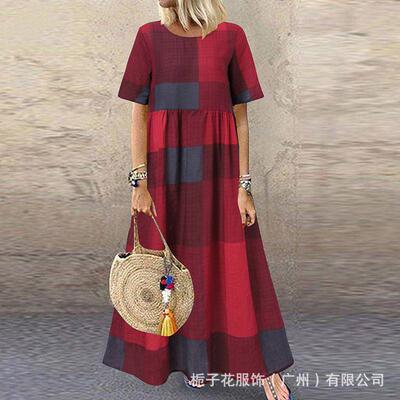 Long skirt short sleeved checkered printed plus size